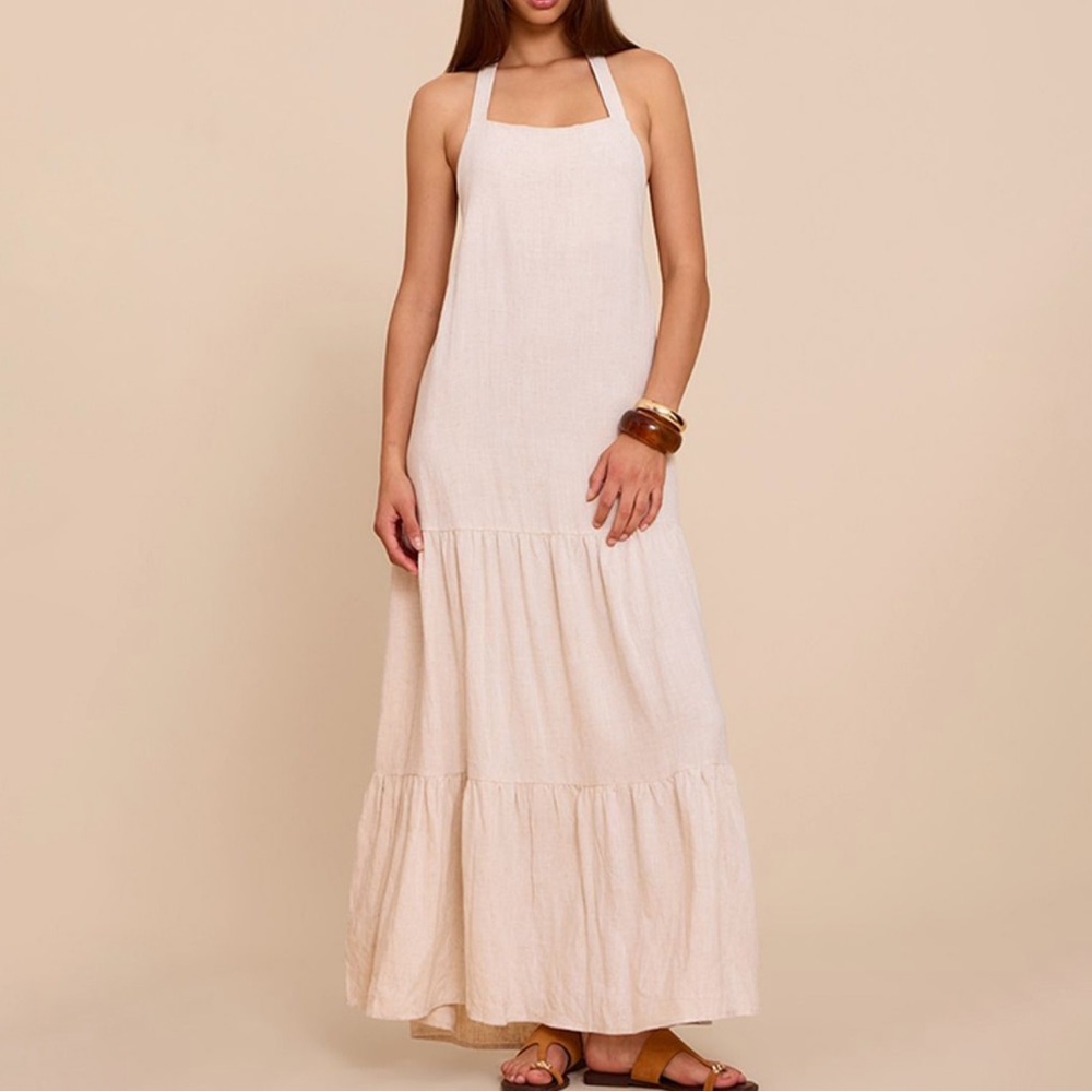 NWT PrettyLittleThing Natural Textured Halterneck Drop Waist Maxi Dress